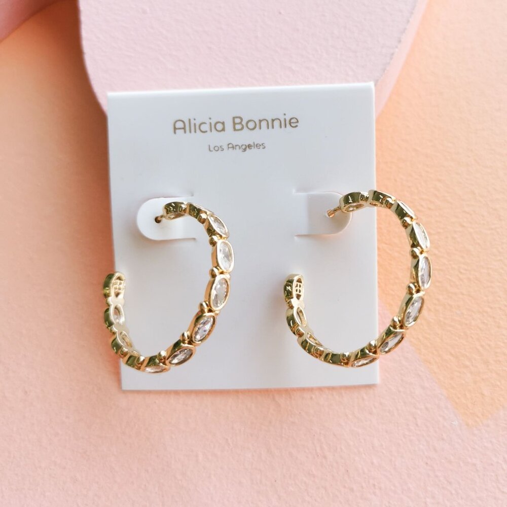 Alicia Bonnie - Abbie White Crystal Gold Hoop Earrings - NEW